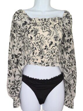 Jopna Boho Crop Top Black & Cream Floral Fairy Stretch Semi Sheer Sleeves Sz M